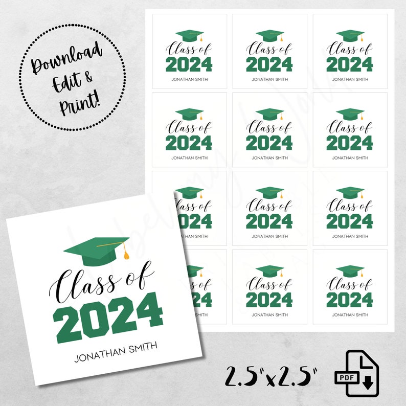 Graduation Green Grad Cap Gift Tag | Editable Class of 20xx Graduate ...