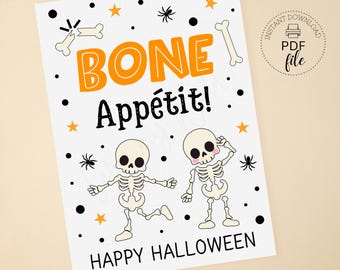 Bone Appétit Halloween Treat Tag, Skeleton Cookie Favor Tag, Printable PDF + JPG