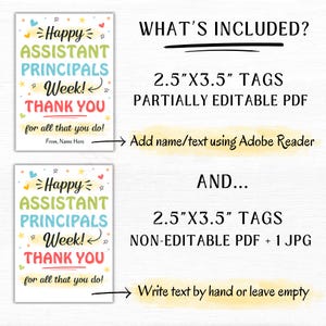 Op de afbeelding: Twee printbare ontwerpen voor de Week van de Assistent-Directeuren. Het eerste ontwerp is gedeeltelijk bewerkbaar en het tweede niet. Beide ontwerpen bevatten kleurrijke tekst met de tekst "Happy Assistant Principals Week! Thank You for all that you do!" en zijn 2,5 inch bij 3,5 inch.