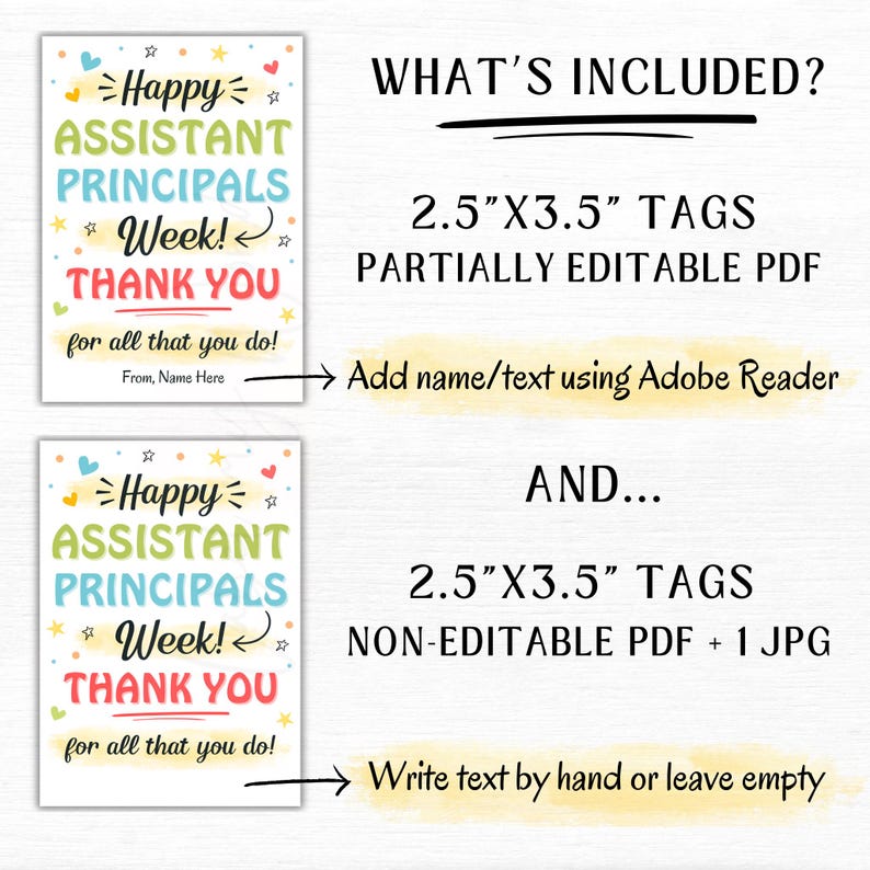 Op de afbeelding: Twee printbare ontwerpen voor de Week van de Assistent-Directeuren. Het eerste ontwerp is gedeeltelijk bewerkbaar en het tweede niet. Beide ontwerpen bevatten kleurrijke tekst met de tekst "Happy Assistant Principals Week! Thank You for all that you do!" en zijn 2,5 inch bij 3,5 inch.