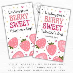Afdrukbaar cadeaulabel 'Ik wens je een bes Sweet Valentine's Day', aardbeifruit gepersonaliseerde traktatielabels van 2 x 3,5 inch, instant download pdf + JPG