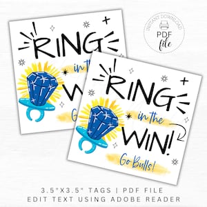 Printable Ring in the Win Tags, Personalized Game Day Good Luck Gift Tag, Sports Team Snacks/Treats 3.5x3.5 Tags, Instant Download PDF