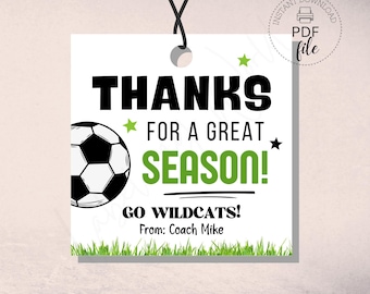 Printable/Personalized End of Season Soccer Tags | Thanks for a Great Season! Soccer Team Gift Tag | Soccer Thank You Team Treats/Gifts PDF