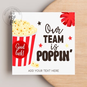Druckbar Unser Team ist Poppin' Tags | Personalisierter Cheer Popcorn Geschenkanhänger | Spieltag Leckereien / Geschenke | Viel Glück Anhänger | Sofort Download PDF
