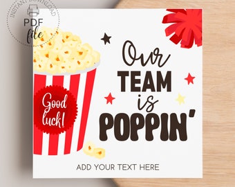 Printable Our Team is Poppin' Tags | Personalized Cheer Popcorn Team Gift Tag | Game Day Treats/Gifts | Good Luck Tag | Instant Download PDF