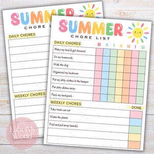 Editable Summer Chore Chart Template for Kids, Daily Weekly Chore Checklist (PDF Download)