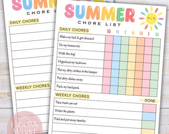 Modello modificabile per la tabella delle faccende estive per bambini, elenco di controllo giornaliero e settimanale delle faccende (download PDF)