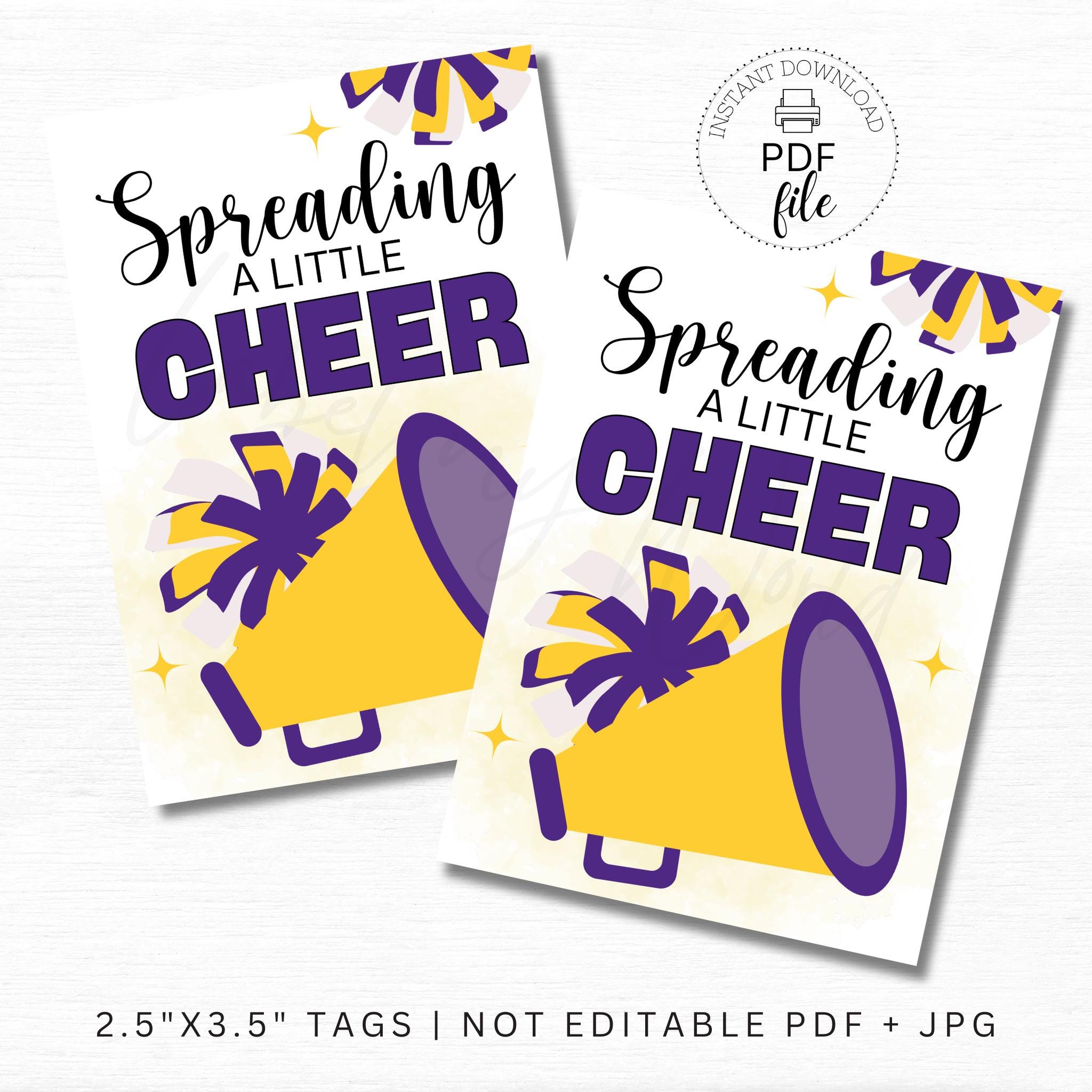 Printable Purple & Yellow Spreading a Little Cheer Tags, Cheerleading/Dance Good Luck 2.5x3.5 Gift Tags, Team Treat Tags PDF + JPG