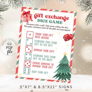 Placa de jogo de troca de presentes de Natal Roll the Dice | Placas/cartas de jogo de Natal para impressão de 8,5" x 11" e 5" x 7" | Arquivos PDF para download instantâneo