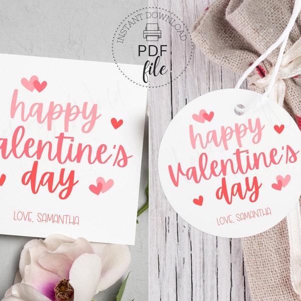 Printable Happy Valentine's Day Tags | Personalized 2.5" Round Labels & Square Favor Tags | Valentine's Day Treat Tag | Instant Download PDF