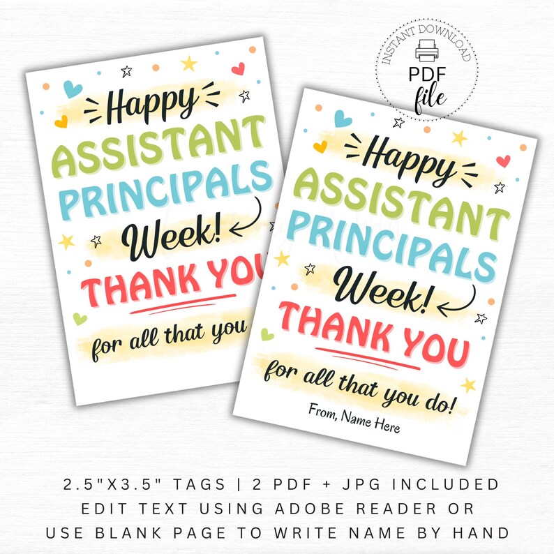 Printable Happy Assistant Principals Week Gift Tag, Personalized Thank You For All That You Do 2.5x3.5 Treat Tag, Instant Download PDF + JPG