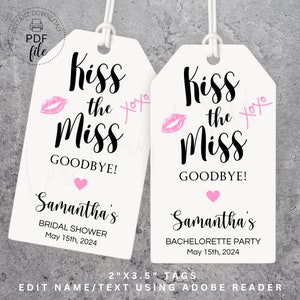 Kiss The Miss Goodbye! Edytowalna etykieta na upominek | Wydrukowalna spersonalizowana etykieta na wieczór panieński | Etykieta na butelkę wina | Natychmiastowe pobranie pliku PDF