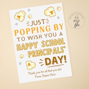 Afdrukbaar cadeaulabel schoolhoofd, gepersonaliseerd, kom gewoon even langs om je een fijne schoolhoofddag te wensen Tags popcorntraktatie, pdf + JPG