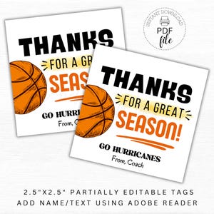 Vielen Dank für eine großartige Saison Basketball Team Tags | Druckbare/angepasste Saisonende Basketball Tags | PDF mit Basketball Danke Team Leckereien