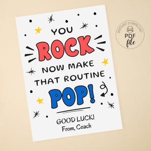 Printable You Rock Now Make That Routine Pop Geschenkanhänger, jubeln, Tanz, Gymnastik, Sportteam, Good Luck Treat Tag 2,5 "x 3,5" Instant Download PDF