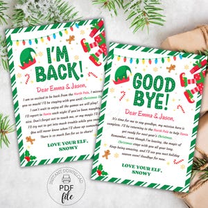 Cartas de llegada y despedida de elfo verde para imprimir, tarjetas de regreso de elfo navideño de 5" x 7", lindas cartas de regreso de elfo, descarga instantánea en formato PDF