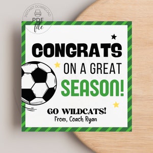 Congratulazioni per l'etichetta regalo della squadra di calcio della grande stagione / Tag di calcio di fine stagione stampabili/personalizzati / Dolcetti/regali di ringraziamento per la squadra PDF