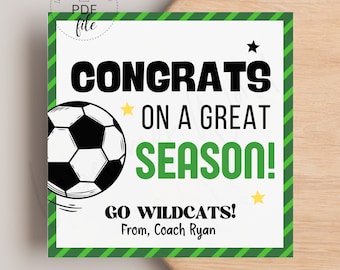 May include: A printable congratulatory sign with a football graphic and the text "Congrats on a great season! Go Wildcats! From, Coach Ryan". The sign has a green and white striped border.