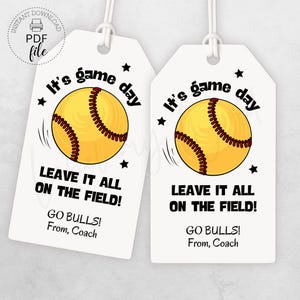 Wydrukuj etykiety upominkowe na dzień gry w softball | Spersonalizowana etykieta na szczęście drużyny softball | Etykieta na przekąskę/torbę z przekąskami w softballu | Natychmiastowe pobranie pliku PDF