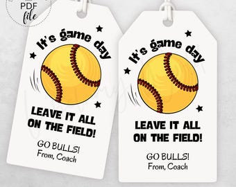 Printable Softball It's Game Day Gift Tags | Personalized Softball Team Good Luck Tag | Softball Treat/Snack Bag Tag | Instant Download PDF