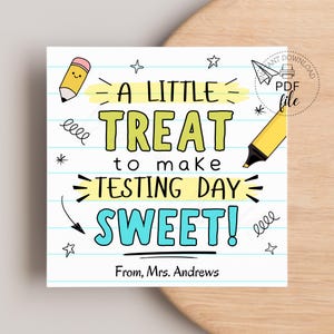 Afdrukbaar cadeaulabel testdag, school een kleine traktatie om testdag zoet te maken gepersonaliseerde 3,5 x 3,5-bedankkaartjes, directe download pdf + JPG