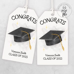 Printable Congrats Class of 20XX Tags, Personalized Graduation Black Gold Cap Gift Tag, Grad Party Favor Tags 2x3.5, Instant Download PDF