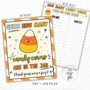 Peut inclure: Carte de jeu d'Halloween imprimable avec un maïs sucré en dessin animé et le texte "Devinez combien il y a de maïs sucré dans le bocal ? La meilleure estimation gagne un prix !" et une feuille de score imprimable avec le texte "Combien y a-t-il de maïs sucré dans le bocal ?" et un espace pour les noms et les estimations.