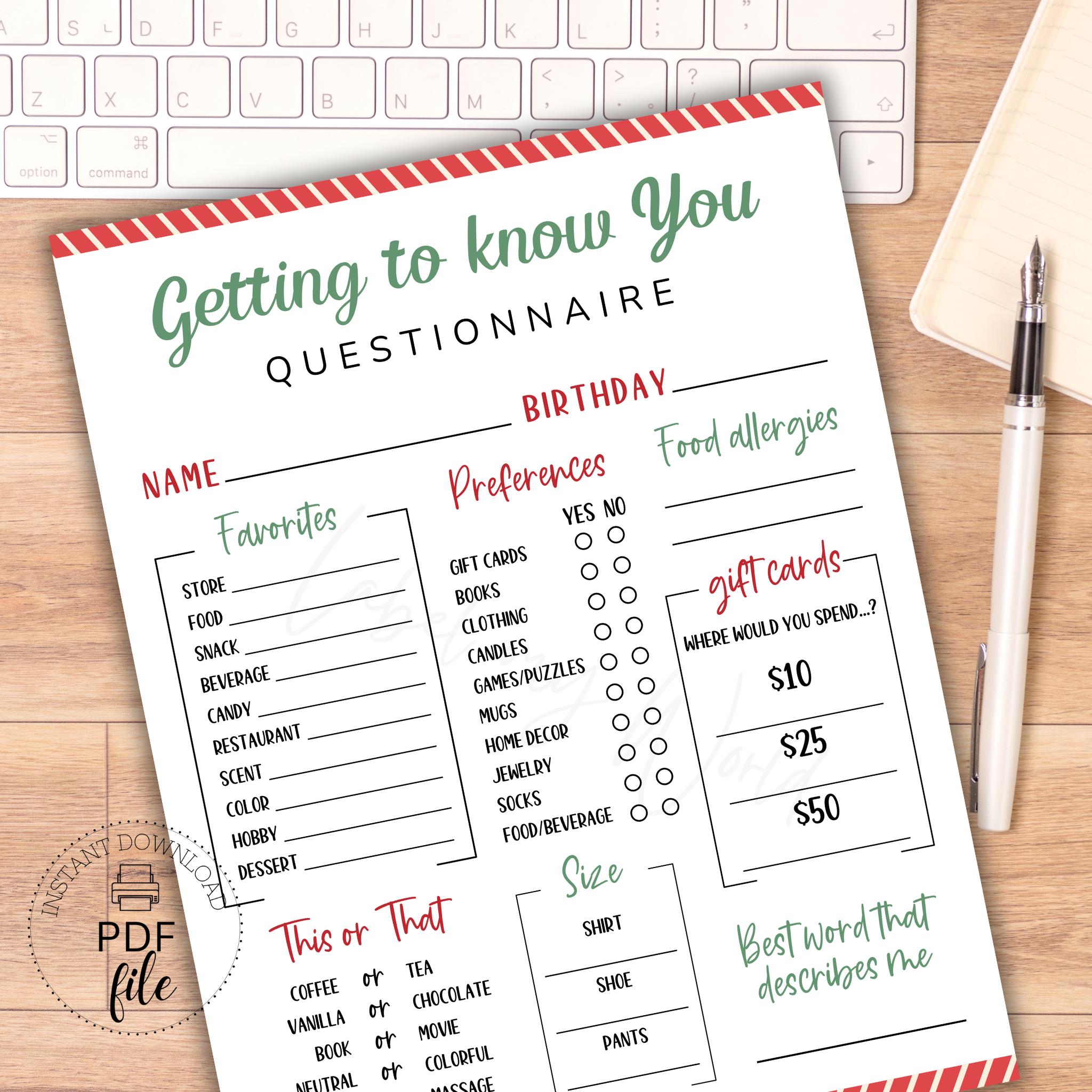 Employee Gift Questionnaire.pdf Printable Christmas Questionnaire, Coworker Gift Exchange Form, Getting ...