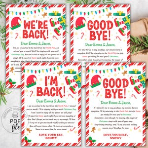 Cartas de llegada y despedida de elfos/elfos para imprimir, tarjetas de regreso de elfos navideños de 5" x 7", cartas de elfos "He vuelto", "Hemos vuelto", descarga instantánea en formato PDF