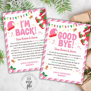 Cartas imprimibles de llegada y despedida de elfo rosa, tarjetas de regreso de elfo navideño de 5" x 7", lindas cartas de regreso de elfo, descarga instantánea en formato PDF