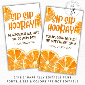 Printable Orange Soda/Juice Gift Tag, Personalized Sports/School/Employee/Nurse Favor Tag, Sip Sip Hooray 2"x3.5" Tags, Instant Download PDF