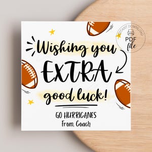 Afdrukbaar voetbalgom-cadeaukaartje, ik wens je extra veel geluk gepersonaliseerde tags van 2,5 x 2,5 en 3,5 x 3,5, tag Game Day Treat, instant download pdf