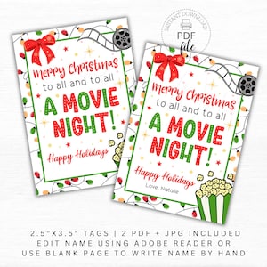 Druckbare Weihnachtsfilm Nacht Geschenkanhänger, personalisierte Frohe Weihnachten an alle & an alle eine Filmnacht 2,5 "x 3,5" Popcorn Leckerei Tags PDF + JPG