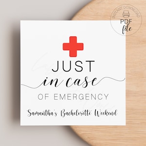 Just in Case of Emergency Tags, Printable Bachelorette Hangover Kit 3.5&quot;x3.5&quot; Gift Tag, Bridal Party Favor Tag, Instant Download PDF File
