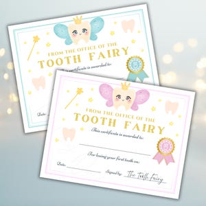 May include: Two tooth fairy certificates. One has a blue border and the other a pink border. Each certificate features a cartoon tooth with wings and a crown, a magic wand, and the text "FROM THE OFFICE OF THE TOOTH FAIRY".