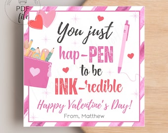 Puede incluir: Una tarjeta de San Valentín rosa y blanca con una bolsa de lápices rosa y un bolígrafo. La tarjeta dice "You just hap-PEN to be INK-redible Happy Valentine's Day! From, Matthew".