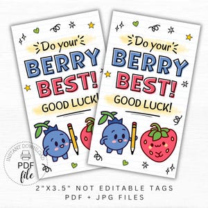 印刷可能なテストデー用ベリーフルーツスナックタグ、Do Your Berry Best Classroom 2x3.5ギフトタグ、学校テスト受験用幸運のおやつタグ、PDF + JPG
