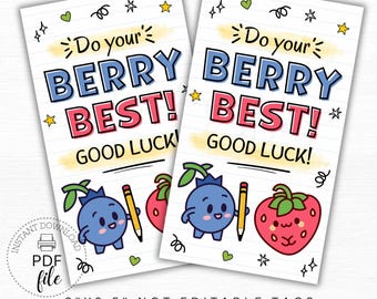 Druckbare Testtag Beere Obst Snack Anhänger, machen Sie Ihre Beere am besten Klassenzimmer 2x3,5 Geschenkanhänger, Schultest unter Good Luck Treat Tag, PDF + JPG