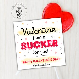 Printable Valentine Lollipop Gift Tag, Personalized Sucker for You Happy Valentine&#39;s Day 2.5x2.5 & 3.5x3.5 Tags, Instant Download PDF + JPG