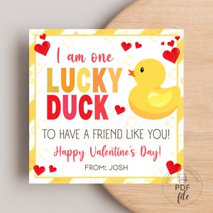 Étiquette-cadeau Saint-Valentin Je suis un canard chanceux | Étiquette de cadeau imprimable pour la classe | Cartes de Saint-Valentin personnalisées pour enfants | Téléchargement instantané PDF