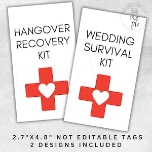 Printable Wedding/Bachelorette Survival Kit Tags, Hangover Recovery Kit 2.7x4.8 Gift Tags, 2 Designs Included, Instant Download PDF