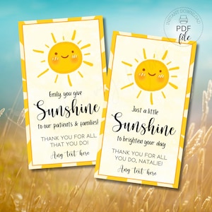 Printable Just a Little Sunshine to Brighten your Day Gift Tag | Personalized Teacher/Staff Appreciation Sunshine Thank You Favor Tags PDF