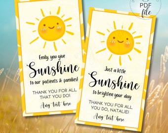 Printable Just a Little Sunshine to Brighten your Day Gift Tag | Personalized Teacher/Staff Appreciation Sunshine Thank You Favor Tags PDF
