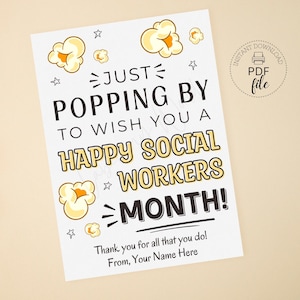 Afdrukbaar sociaal werker popcorn-cadeaukaartje, gepersonaliseerd, kom gewoon even langs om je een fijne maand maatschappelijk werkers te wensen 2,5 x 3,5 traktatietags PDF + JPG