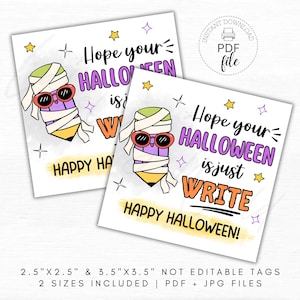 Etiqueta de lápis para impressão Hope Your Halloween Is Just Write, etiquetas de lembranças para professores, alunos e escolas, download instantâneo em PDF+JPG