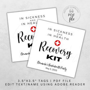 In Krankheit & In Gesundheit Erholung Kit Tag, personalisierte Junggesellinnenabschied Geschenk Tag, druckbare Hochzeit Hotel Erste Hilfe Hangover Kit Tag PDF