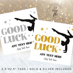 Turnen Good Luck gouden en zilveren glittertags | Afdrukbaar taslabel gymnastiekteam | Gepersonaliseerde pdf-cadeaukaartje voor toernooi/wedstrijd