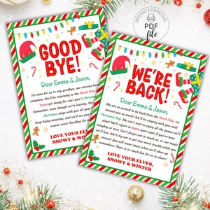 Cartas de llegada y despedida de elfos verdes y rojos para imprimir, tarjetas de 5 x 7 pulgadas con el regreso de los elfos navideños, cartas de despedida de los elfos con el mensaje "He vuelto" en formato PDF para descargar al instante