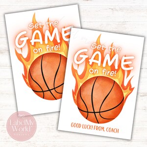 May include: Two basketball-themed cards with a basketball in flames. The text "Set the GAME on fire!" is above the basketball. One card says "GOOD LUCK! FROM, COACH". The cards are white with orange and black graphics.