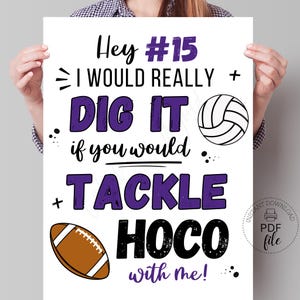 Purple Volleyball & Football Players Homecoming Proposal Sign, I'd Really Dig It If You'd Tackle HOCO With Me Poster (PDF + JPG Download)
